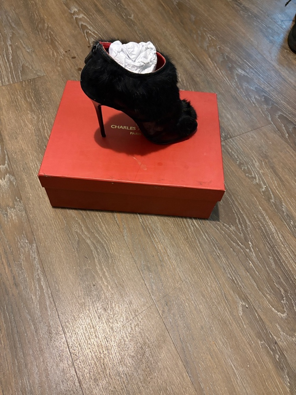 Charles Jourdan Black Fur Peep-Toe Stiletto Bootie